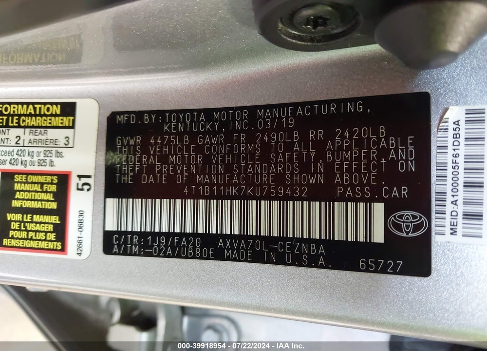 2019 TOYOTA CAMRY LE VIN: 4T1B11HK7KU759432
