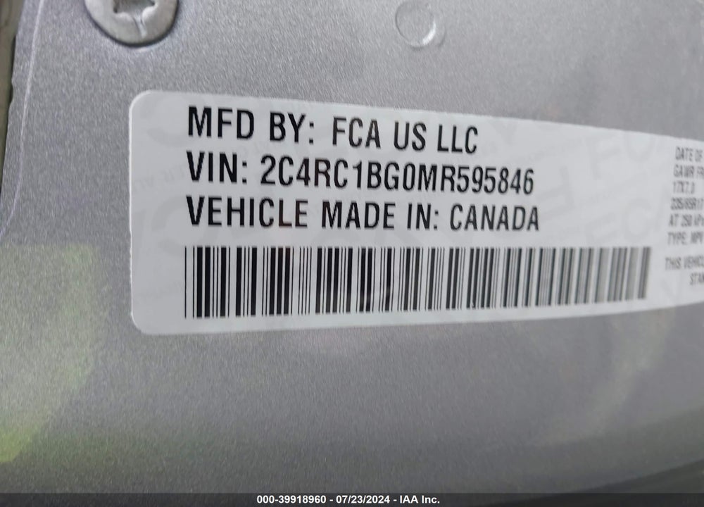 2021 CHRYSLER PACIFICA TOURING L VIN: 2C4RC1BG0MR595846