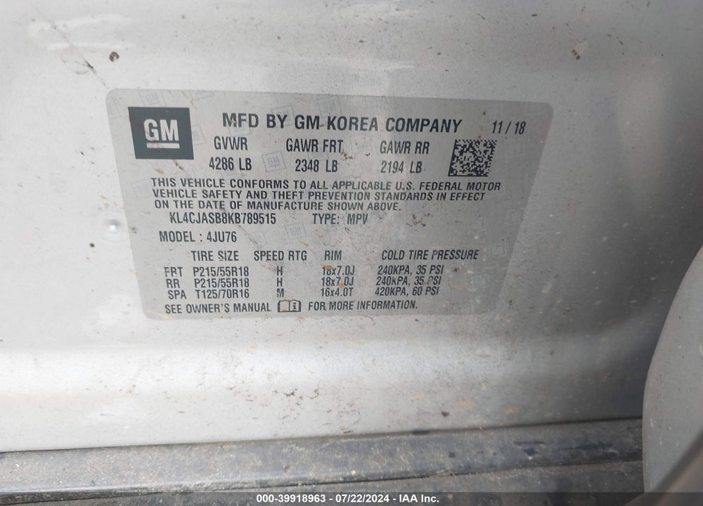 2019 BUICK ENCORE FWD PREFERRED VIN: KL4CJASB8KB789515