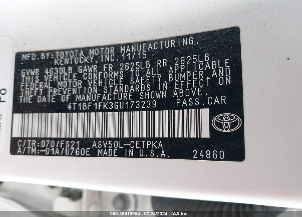 2016 TOYOTA CAMRY SE VIN: 4T1BF1FK3GU173239