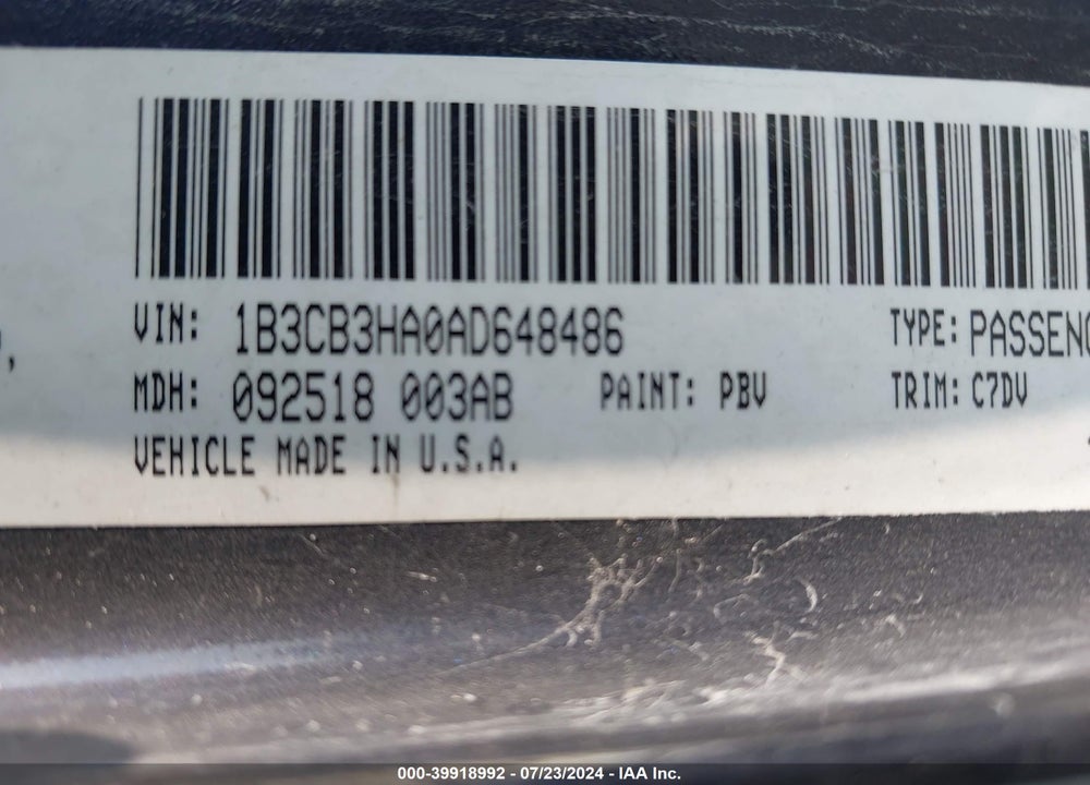 2010 DODGE CALIBER MAINSTREET VIN: 1B3CB3HA0AD648486