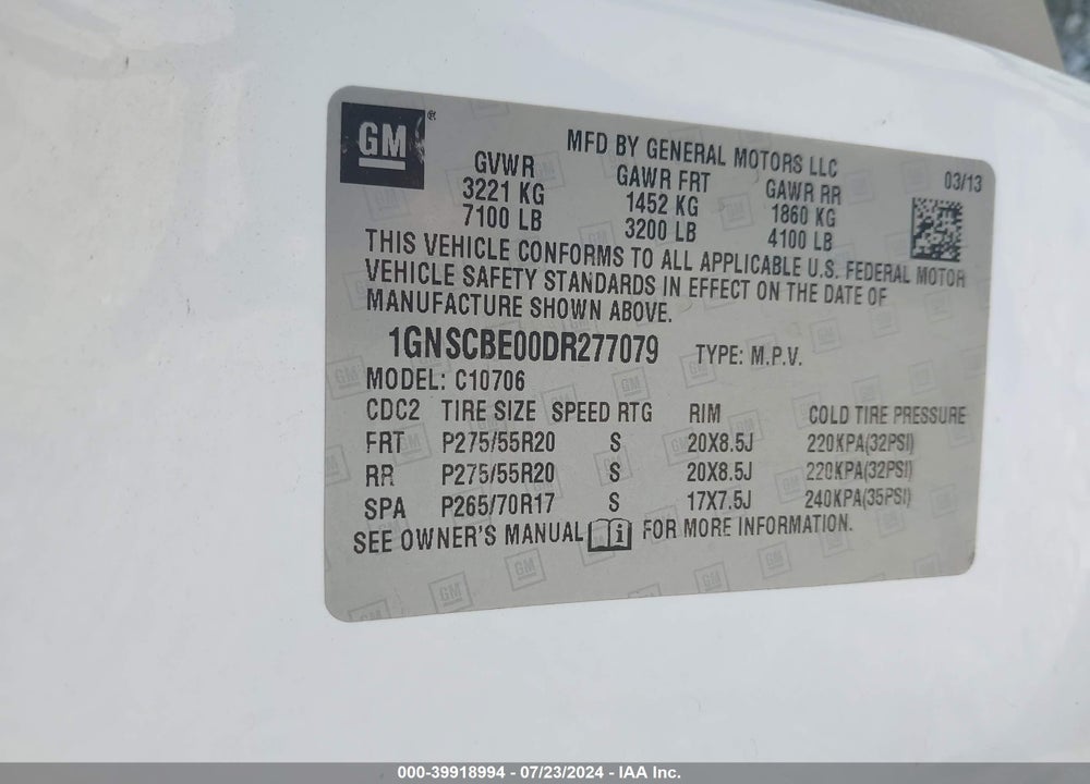 2013 CHEVROLET TAHOE LT VIN: 1GNSCBE00DR277079