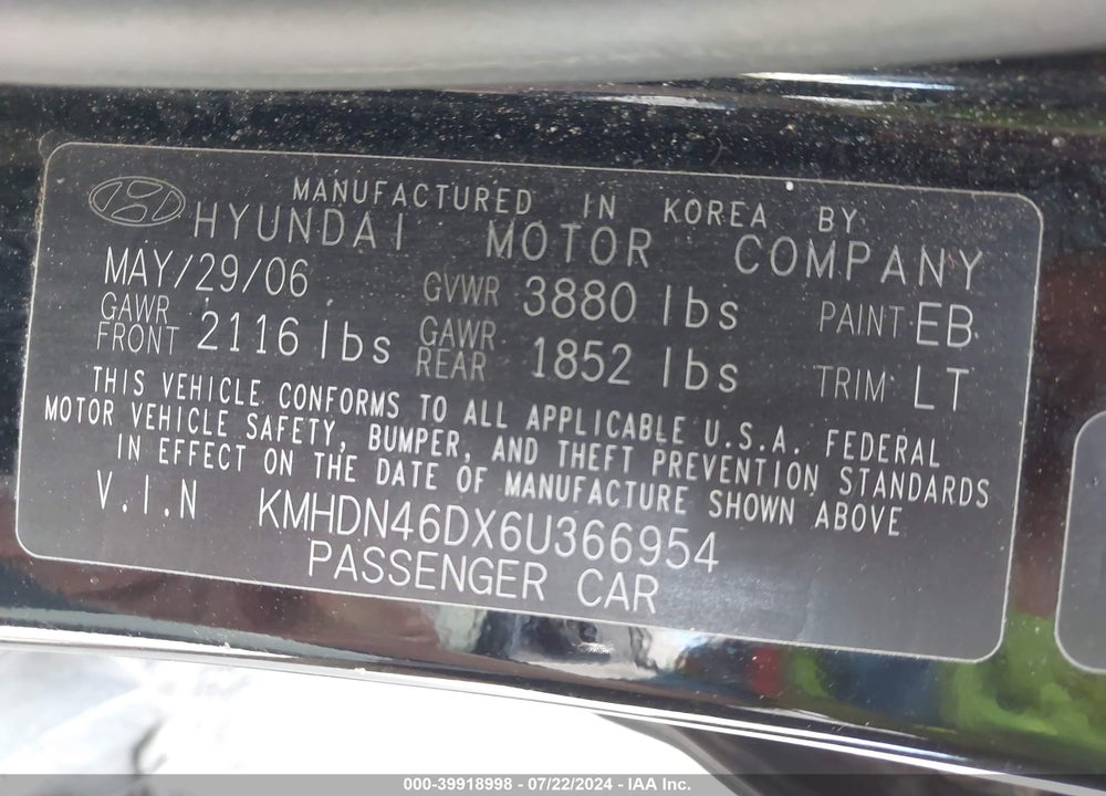 2006 HYUNDAI ELANTRA GLS/LIMITED VIN: KMHDN46DX6U366954