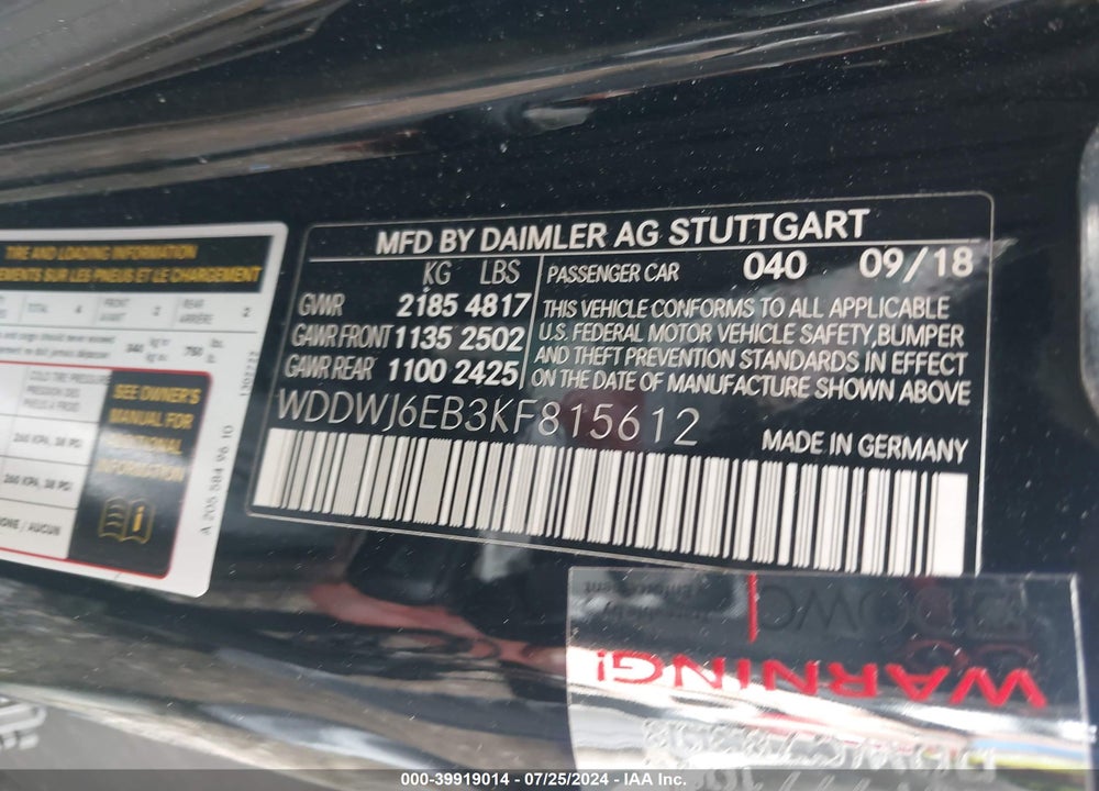 2019 MERCEDES-BENZ AMG C 43 4MATIC VIN: WDDWJ6EB3KF815612