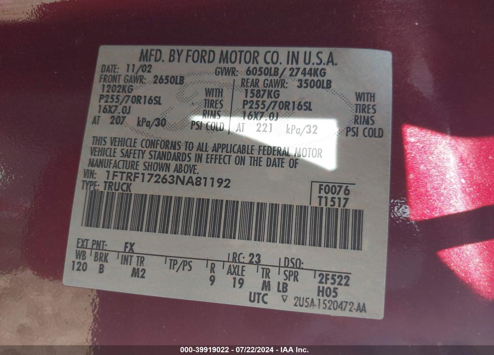 2003 FORD F-150 XL/XLT VIN: 1FTRF17263NA81192