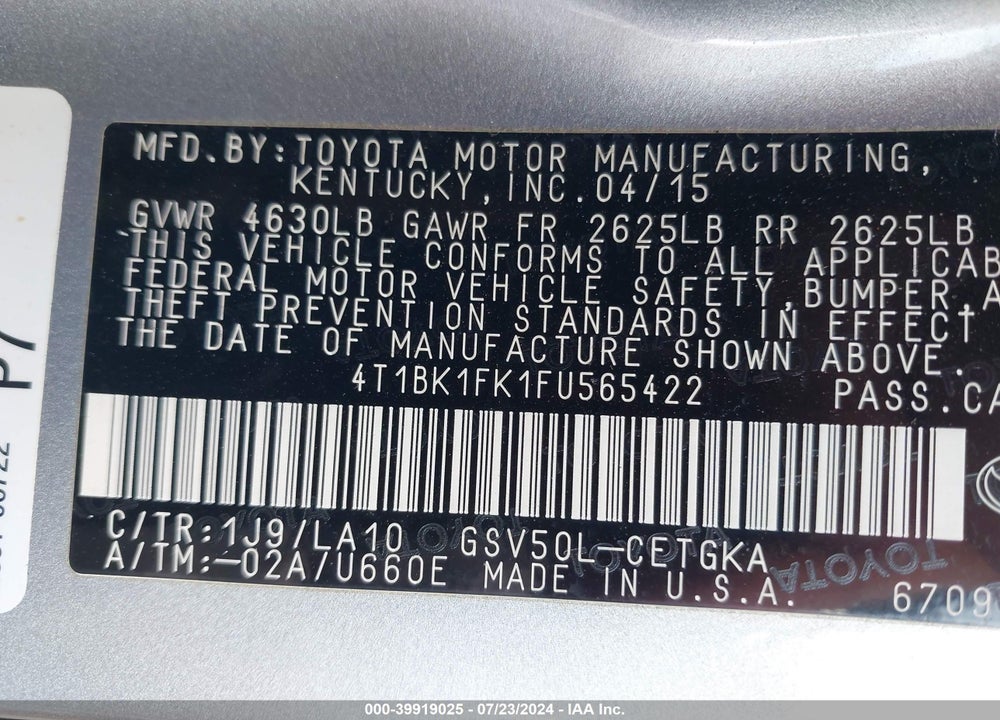 2015 TOYOTA CAMRY XLE V6 VIN: 4T1BK1FK1FU565422