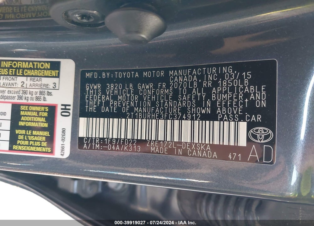 2015 TOYOTA COROLLA S PLUS VIN: 2T1BURHE3FC374912