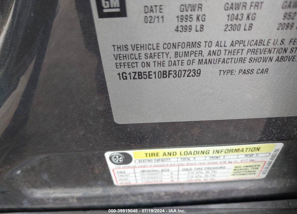 2011 CHEVROLET MALIBU LS VIN: 1G1ZB5E10BF307239