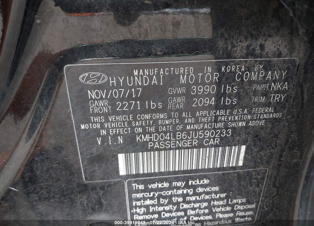 2018 HYUNDAI ELANTRA SPORT VIN: KMHD04LB6JU590233