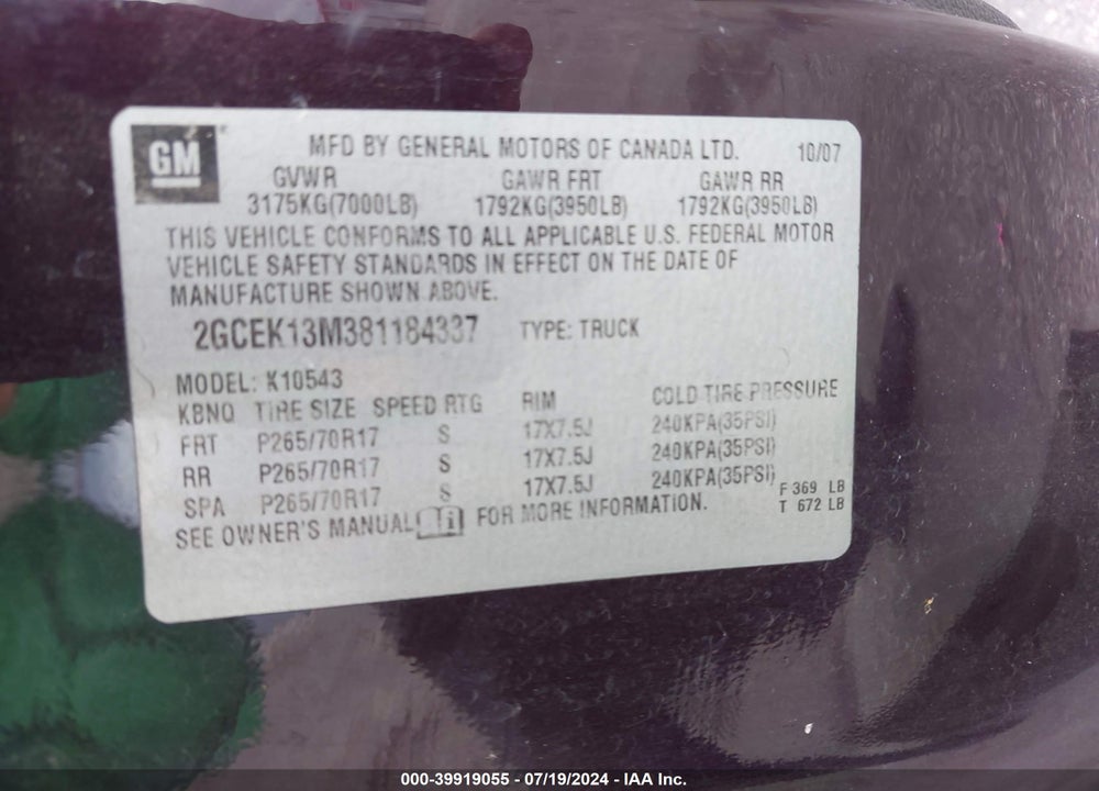 2008 CHEVROLET SILVERADO 1500 LT1 VIN: 2GCEK13M381184337