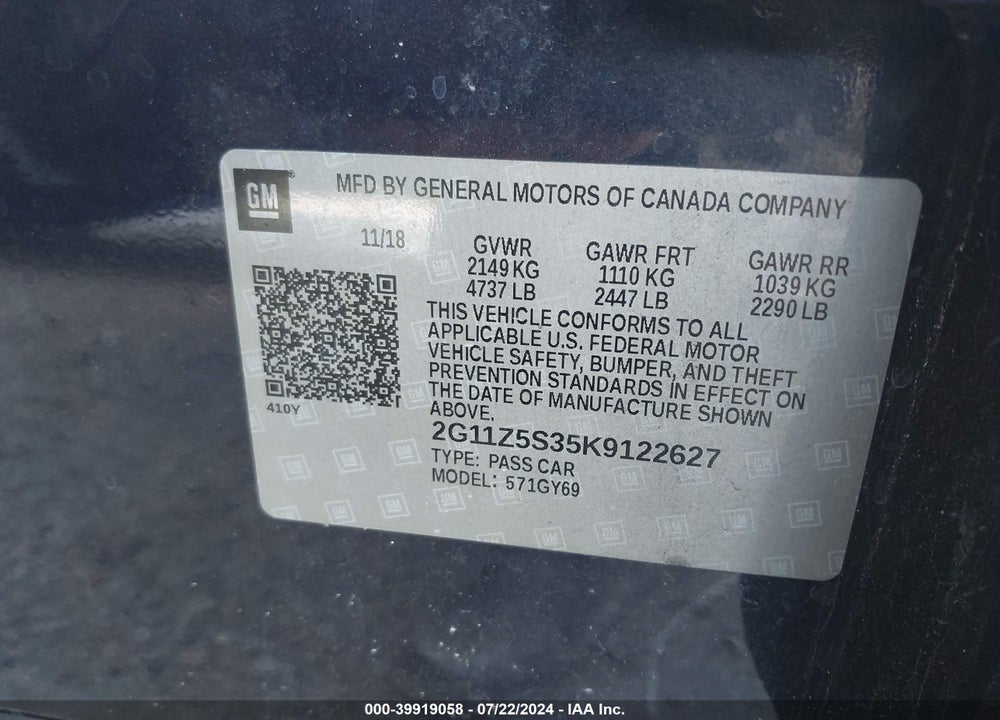 2019 CHEVROLET IMPALA LT VIN: 2G11Z5S35K9122627
