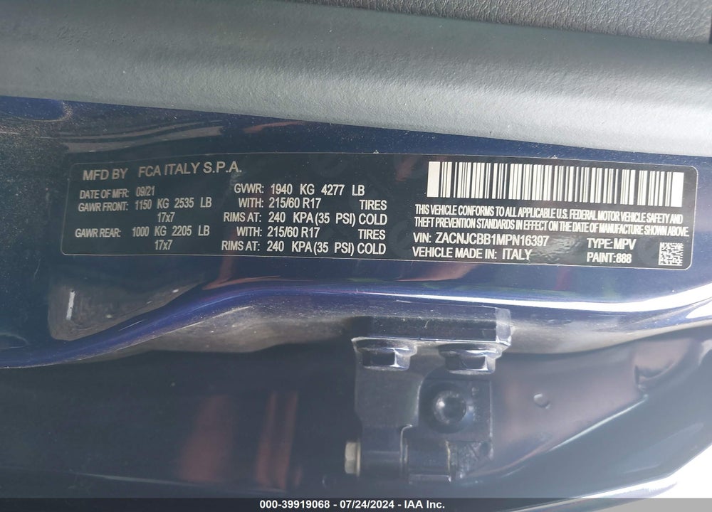 2021 JEEP RENEGADE LATITUDE FWD VIN: ZACNJCBB1MPN16397