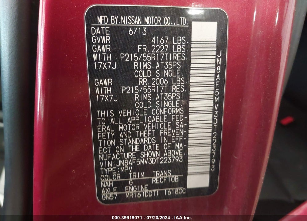 2013 NISSAN JUKE S VIN: JN8AF5MV3DT223793
