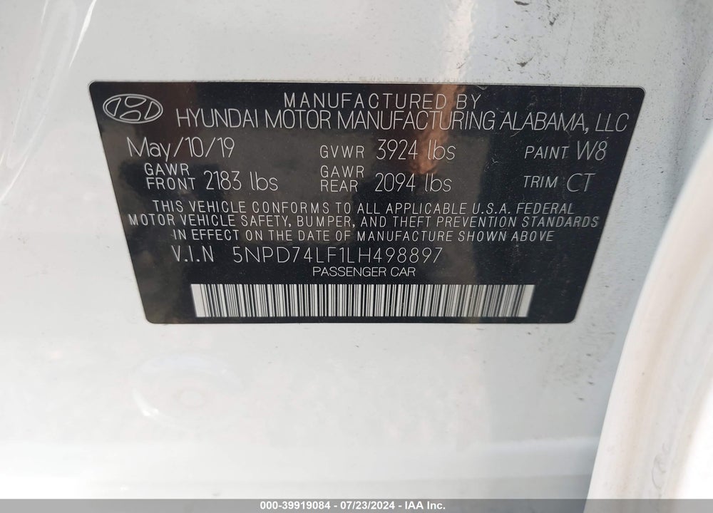 2020 HYUNDAI ELANTRA SE VIN: 5NPD74LF1LH498897
