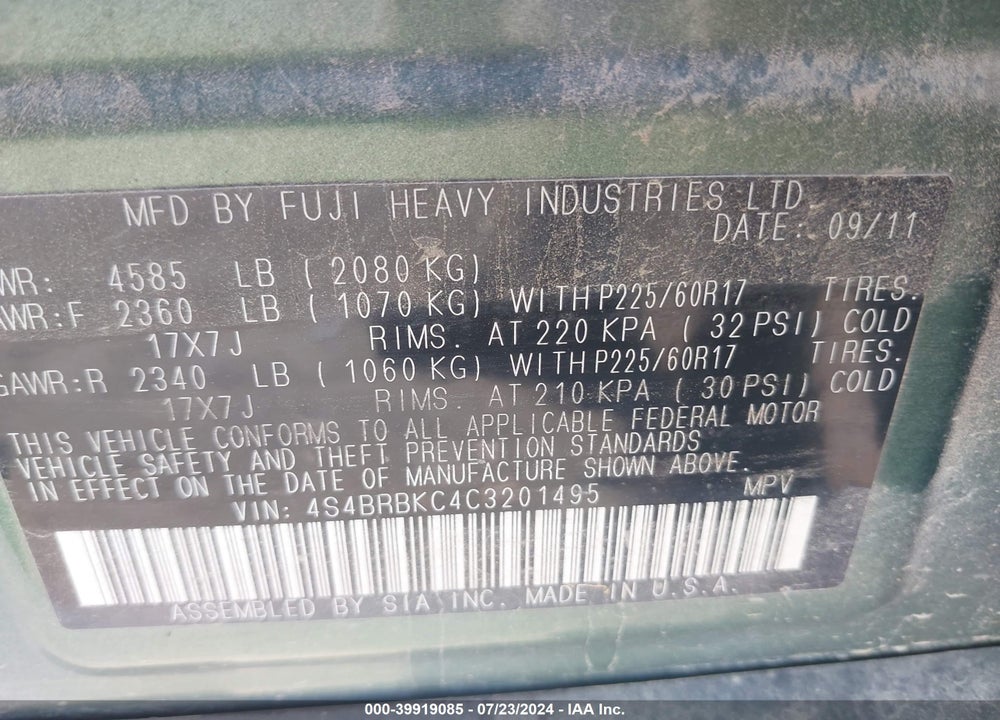 2012 SUBARU OUTBACK 2.5I LIMITED VIN: 4S4BRBKC4C3201495