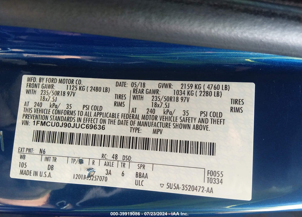2018 FORD ESCAPE TITANIUM VIN: 1FMCU0J90JUC69636