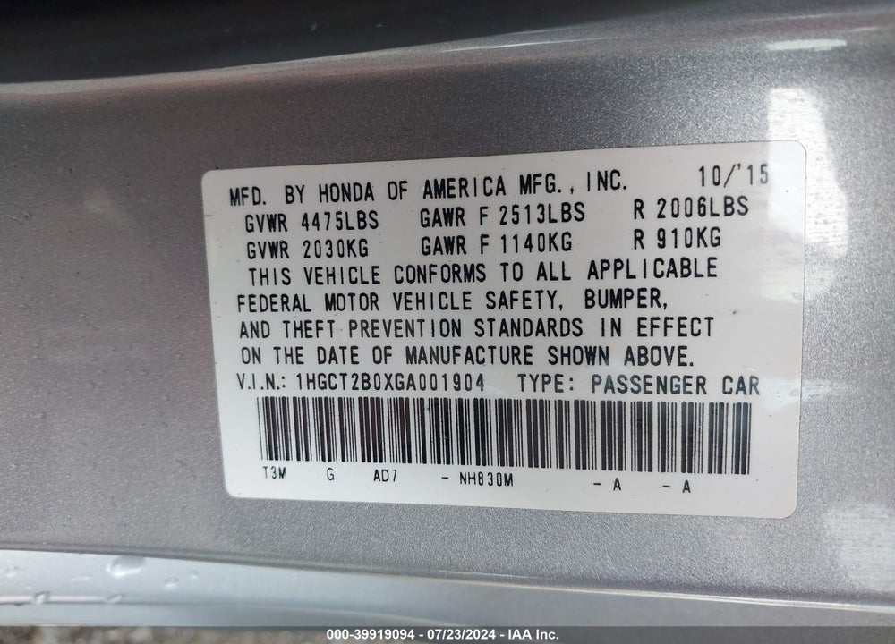 2016 HONDA ACCORD TOURING VIN: 1HGCT2B0XGA001904