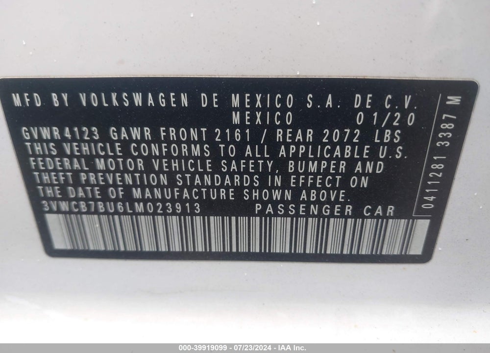 2020 VOLKSWAGEN JETTA 1.4T R-LINE/1.4T S/1.4T SE VIN: 3VWCB7BU6LM023913