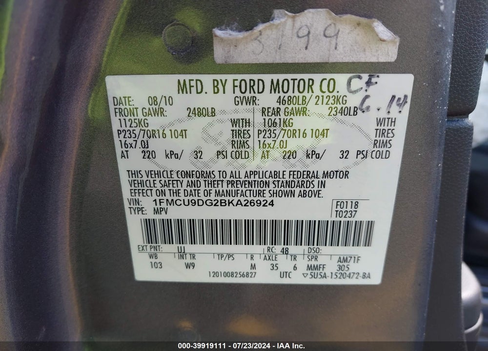 2011 FORD ESCAPE XLT VIN: 1FMCU9DG2BKA26924