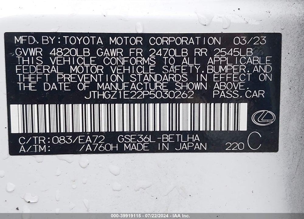 2023 LEXUS IS 350 F-SPORT VIN: JTHGZ1E22P5030262