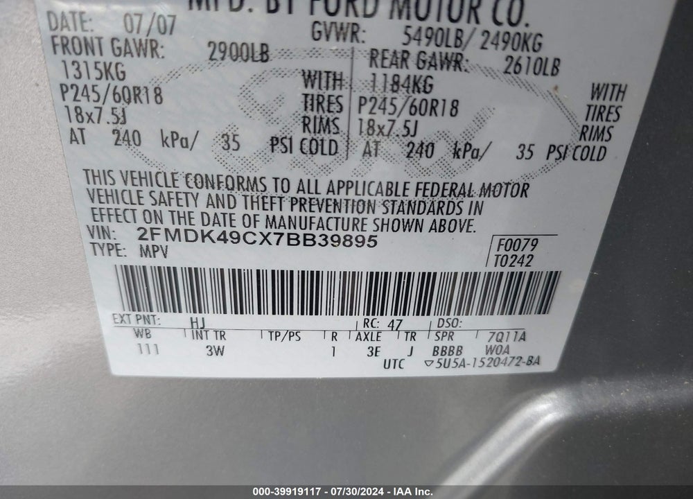 2007 FORD EDGE SEL PLUS VIN: 2FMDK49CX7BB39895