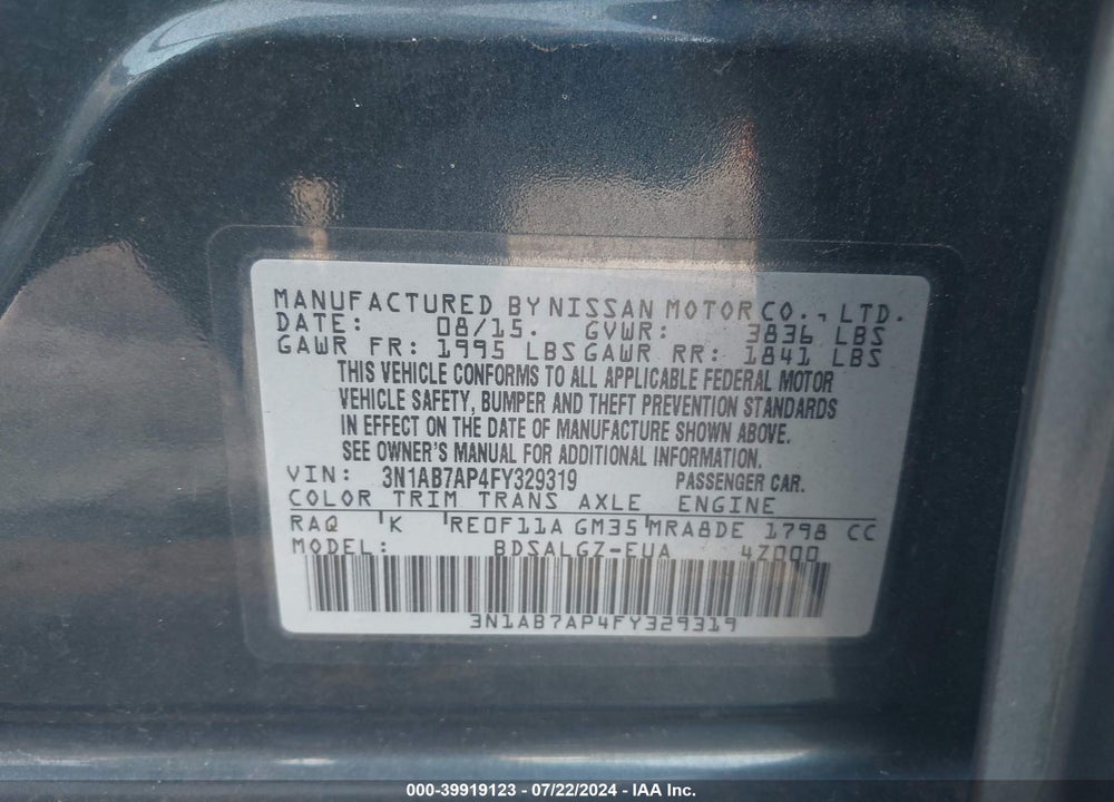 2015 NISSAN SENTRA SL VIN: 3N1AB7AP4FY329319