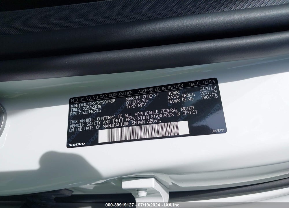 2024 VOLVO XC60 B5 CORE DARK THEME VIN: YV4L12RK3R1907498