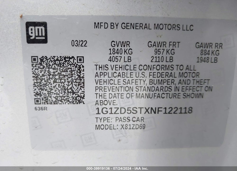 2022 CHEVROLET MALIBU FWD LT VIN: 1G1ZD5STXNF122118