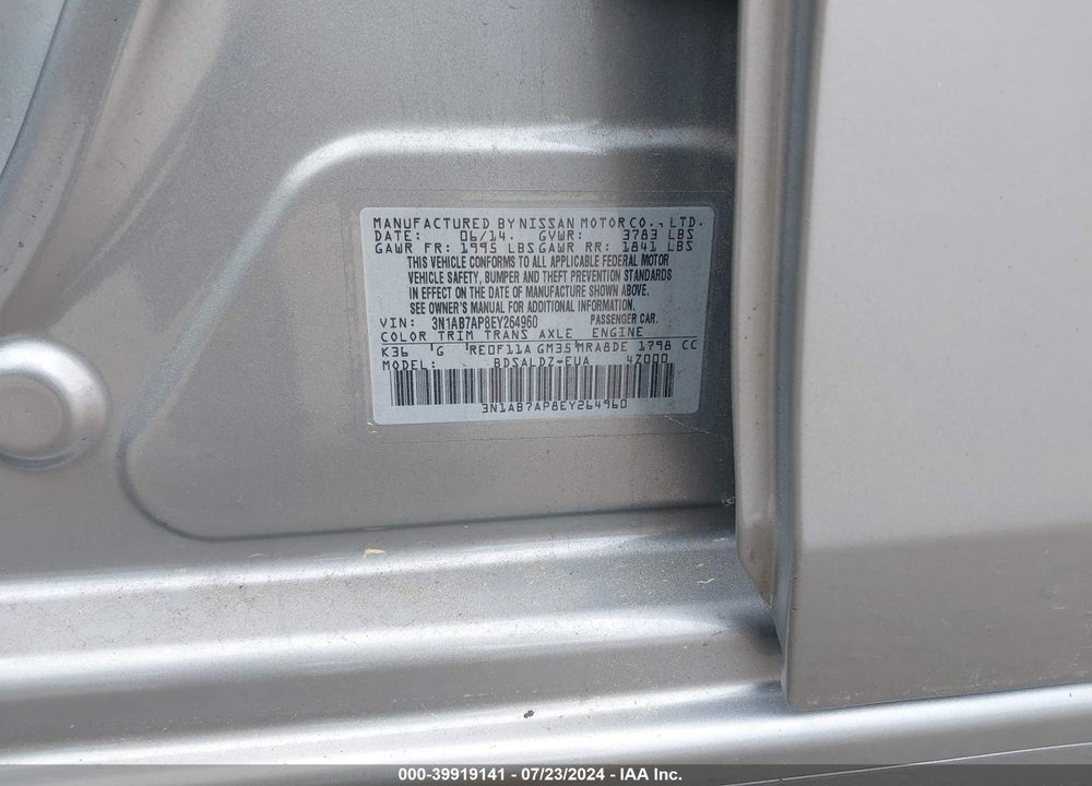 2014 NISSAN SENTRA FE+ S/FE+ SV/S/SL/SR/SV VIN: 3N1AB7AP8EY264960