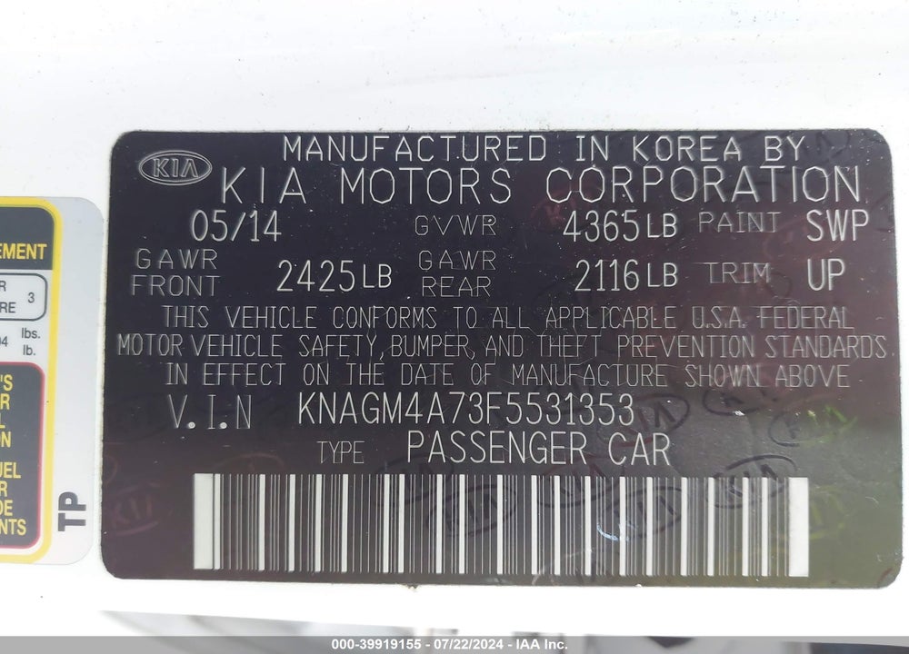 2015 KIA OPTIMA LX VIN: KNAGM4A73F5531353