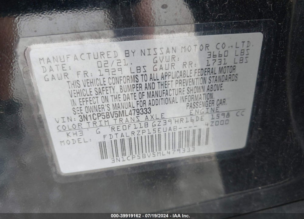2021 NISSAN KICKS S XTRONIC CVT VIN: 3N1CP5BV5ML479333