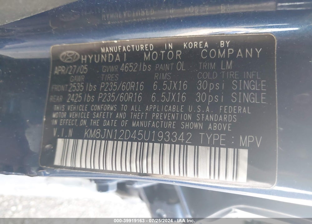 2005 HYUNDAI TUCSON GLS/LX VIN: KM8JN12D45U193342