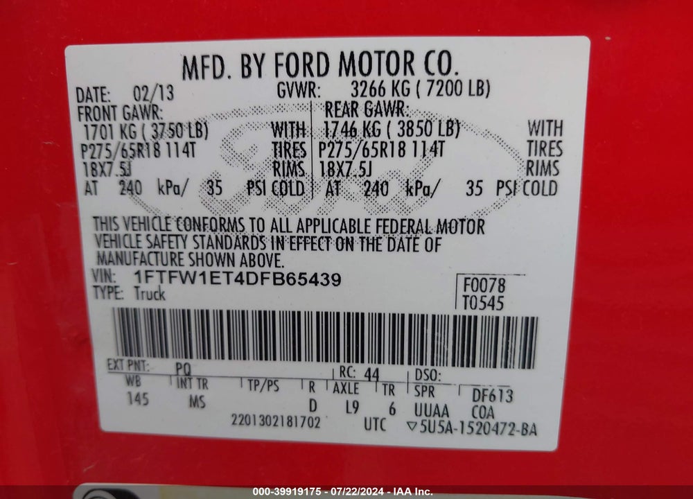2013 FORD F-150 XLT VIN: 1FTFW1ET4DFB65439