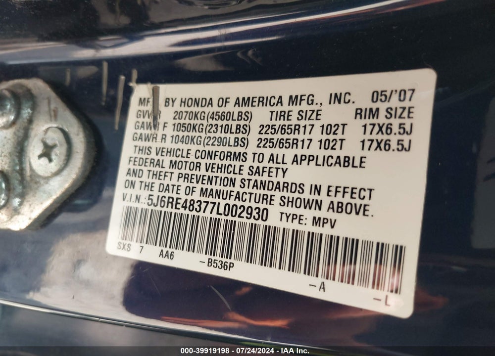 2007 HONDA CR-V LX VIN: 5J6RE48377L002930