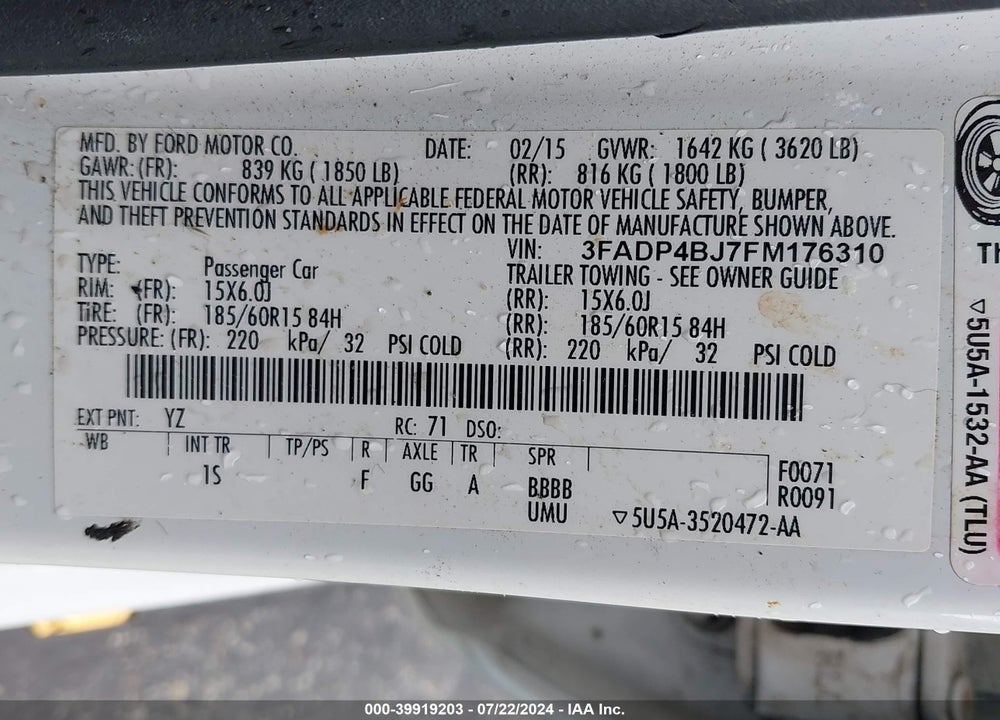 2015 FORD FIESTA SE VIN: 3FADP4BJ7FM176310