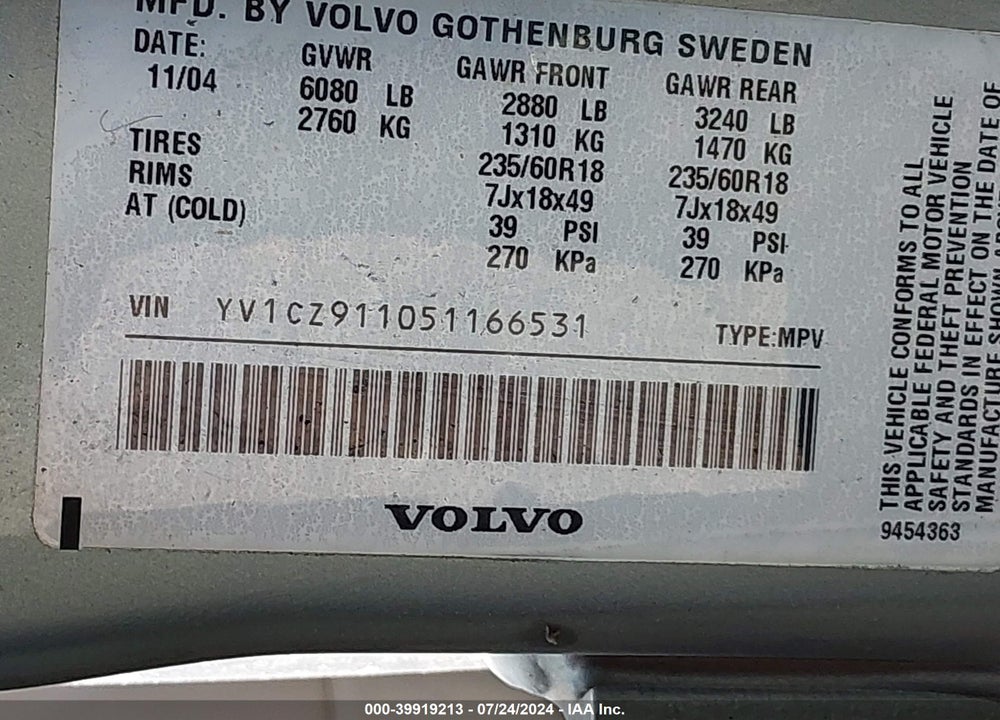 2005 VOLVO XC90 2.5T AWD VIN: YV1CZ911051166531