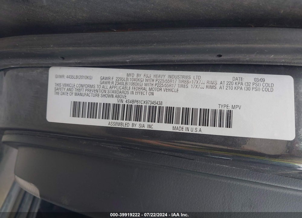 2009 SUBARU OUTBACK 2.5I VIN: 4S4BP61CX97345438