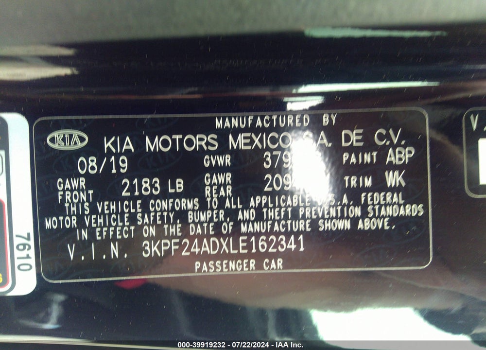 2020 KIA FORTE LXS VIN: 3KPF24ADXLE162341