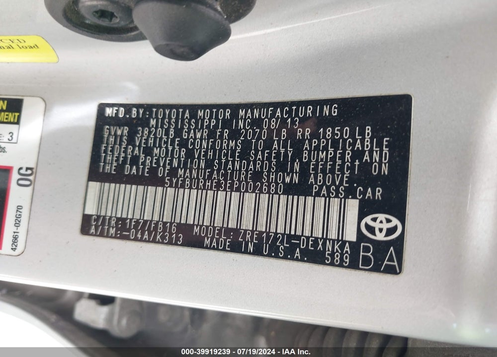 2014 TOYOTA COROLLA LE VIN: 5YFBURHE3EP002680