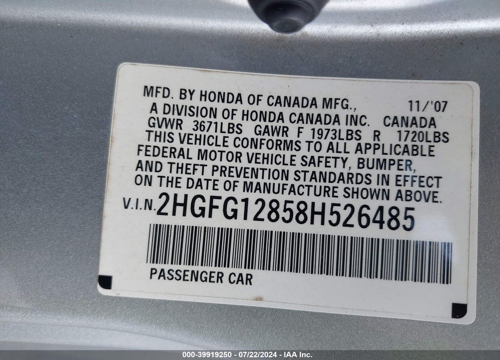 2008 HONDA CIVIC EX VIN: 2HGFG12858H526485