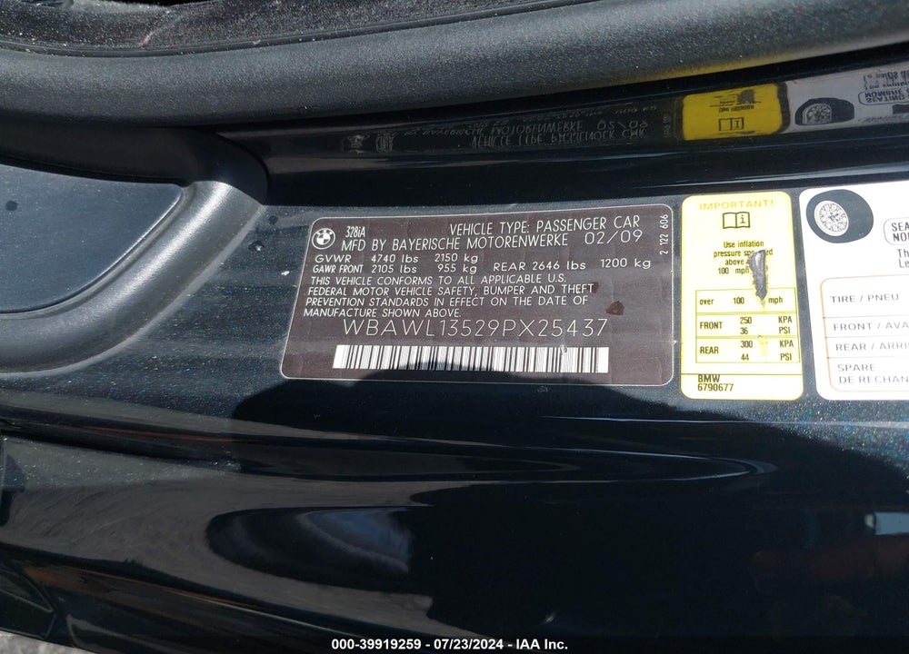 2009 BMW 328I VIN: WBAWL13529PX25437