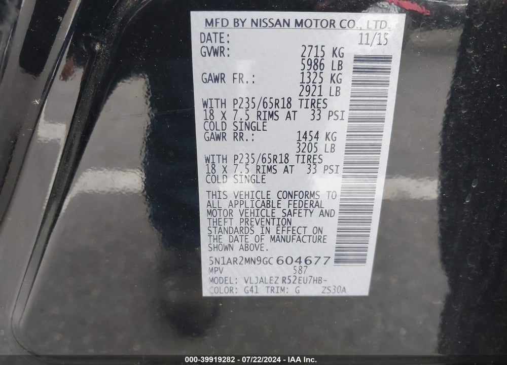 2016 NISSAN PATHFINDER SV VIN: 5N1AR2MN9GC604677