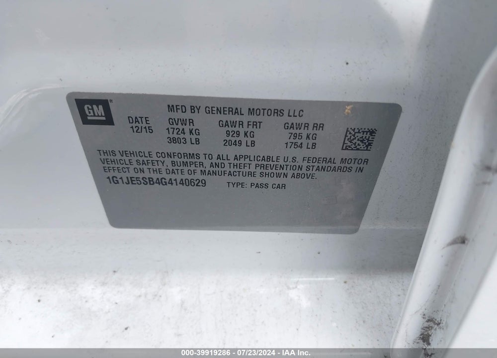 2016 CHEVROLET SONIC LTZ AUTO VIN: 1G1JE5SB4G4140629