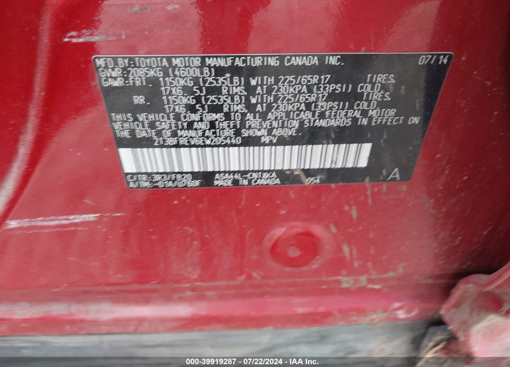 2014 TOYOTA RAV4 VIN: 2T3BFREV6EW205440