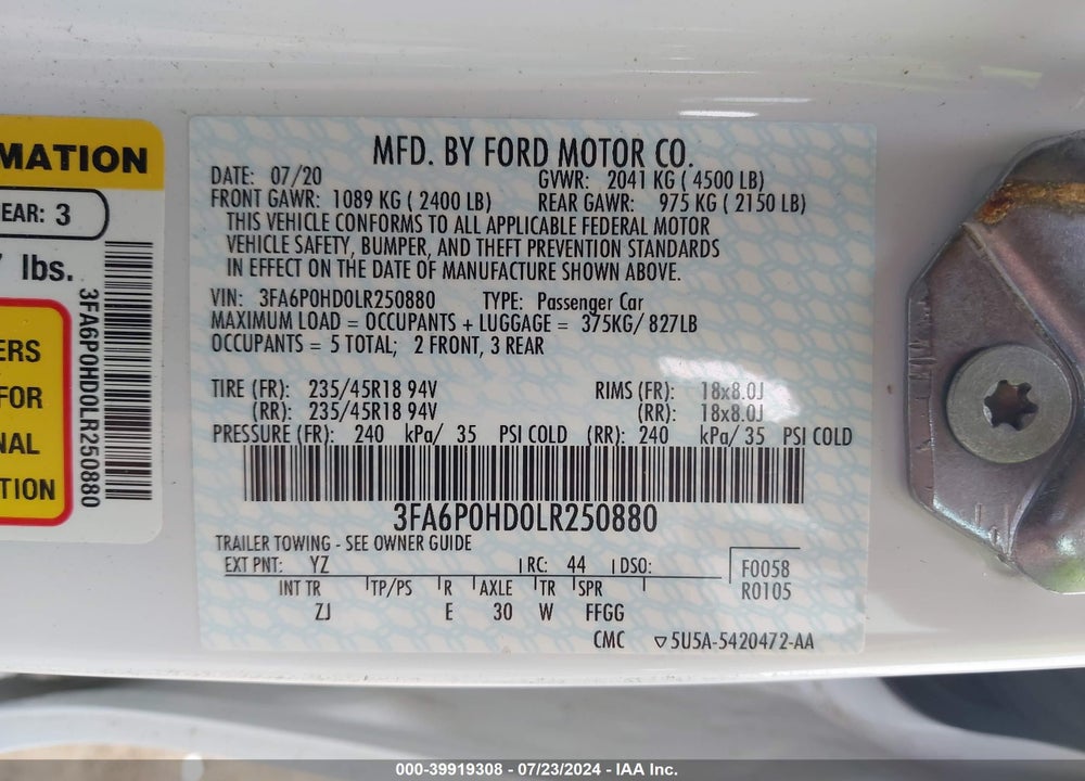 2020 FORD FUSION SE VIN: 3FA6P0HD0LR250880