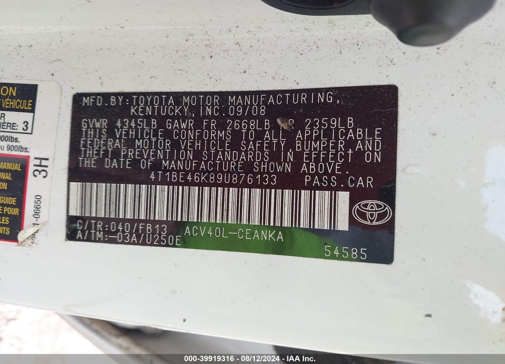 2009 TOYOTA CAMRY LE VIN: 4T1BE46K89U876133
