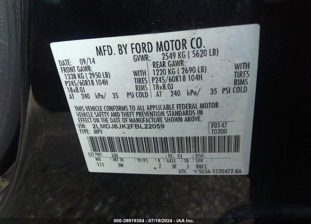 2015 LINCOLN MKX VIN: 2LMDJ8JK2FBL22059