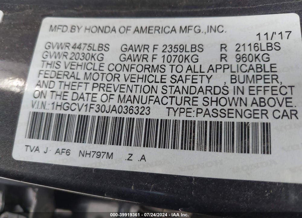 2018 HONDA ACCORD SPORT VIN: 1HGCV1F30JA036323