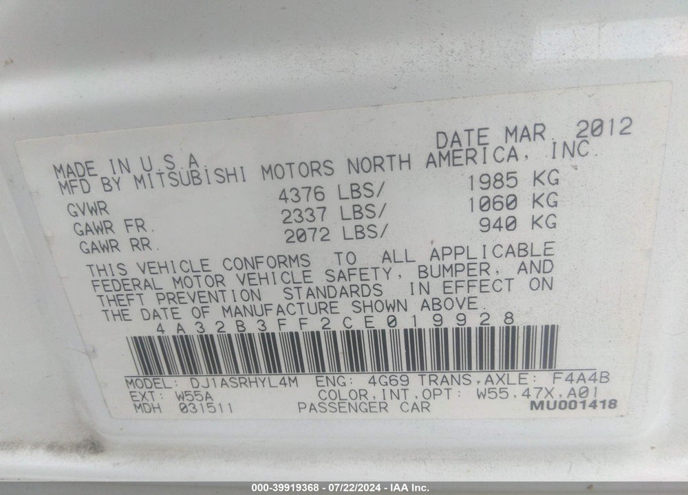 2012 MITSUBISHI GALANT ES/SE VIN: 4A32B3FF2CE019928