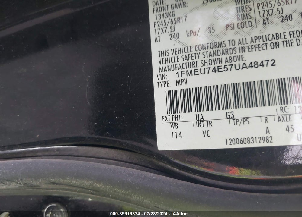 2007 FORD EXPLORER EDDIE BAUER VIN: 1FMEU74E57UA48472